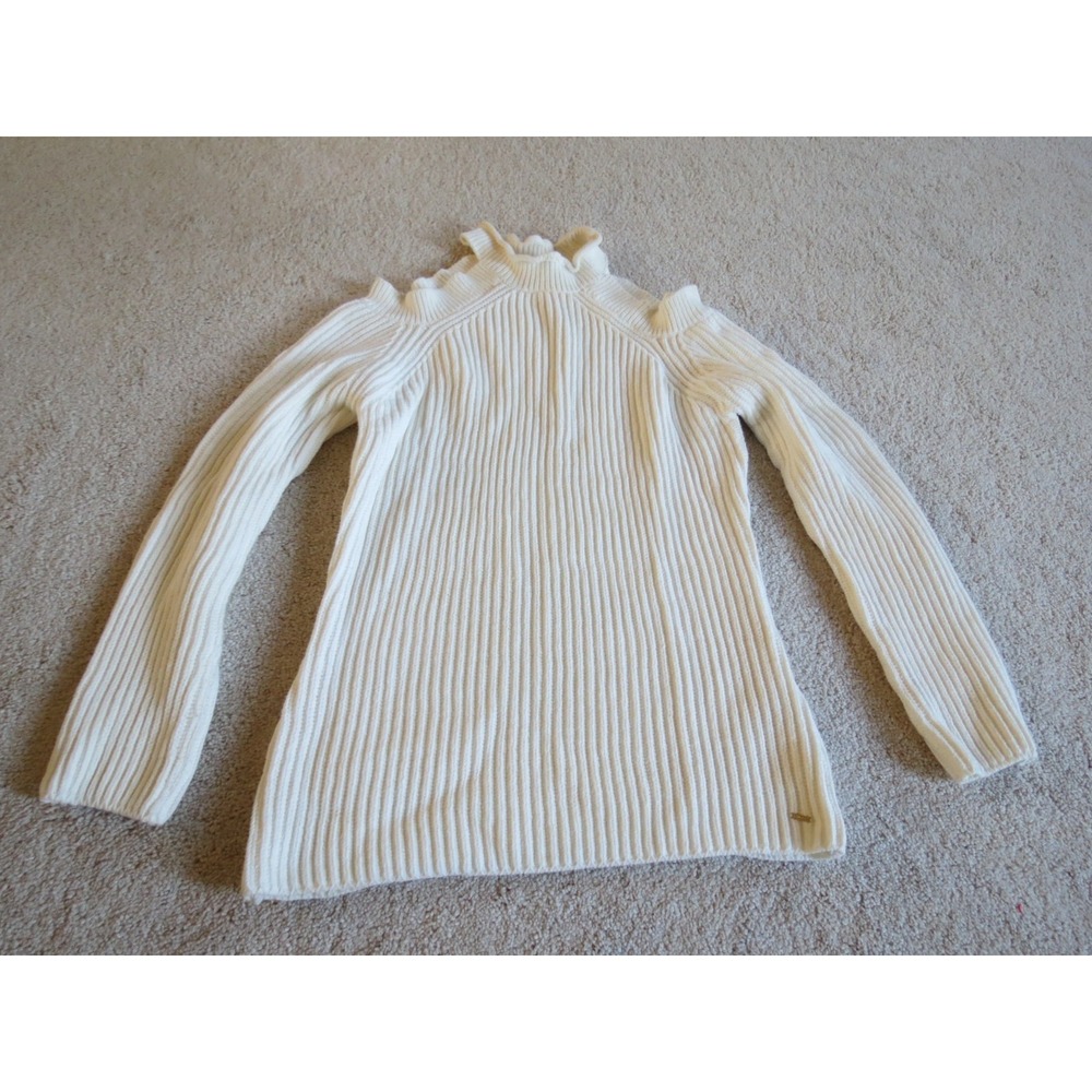 Guess Women White Open Shoulder Ruffle Neck Y2K Ribbed Sweater XL k1096